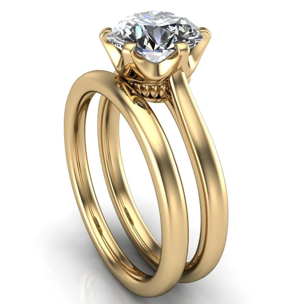 Lyra Round Center Stone V Shape 6 Prong Basket Design Cathedral Ring