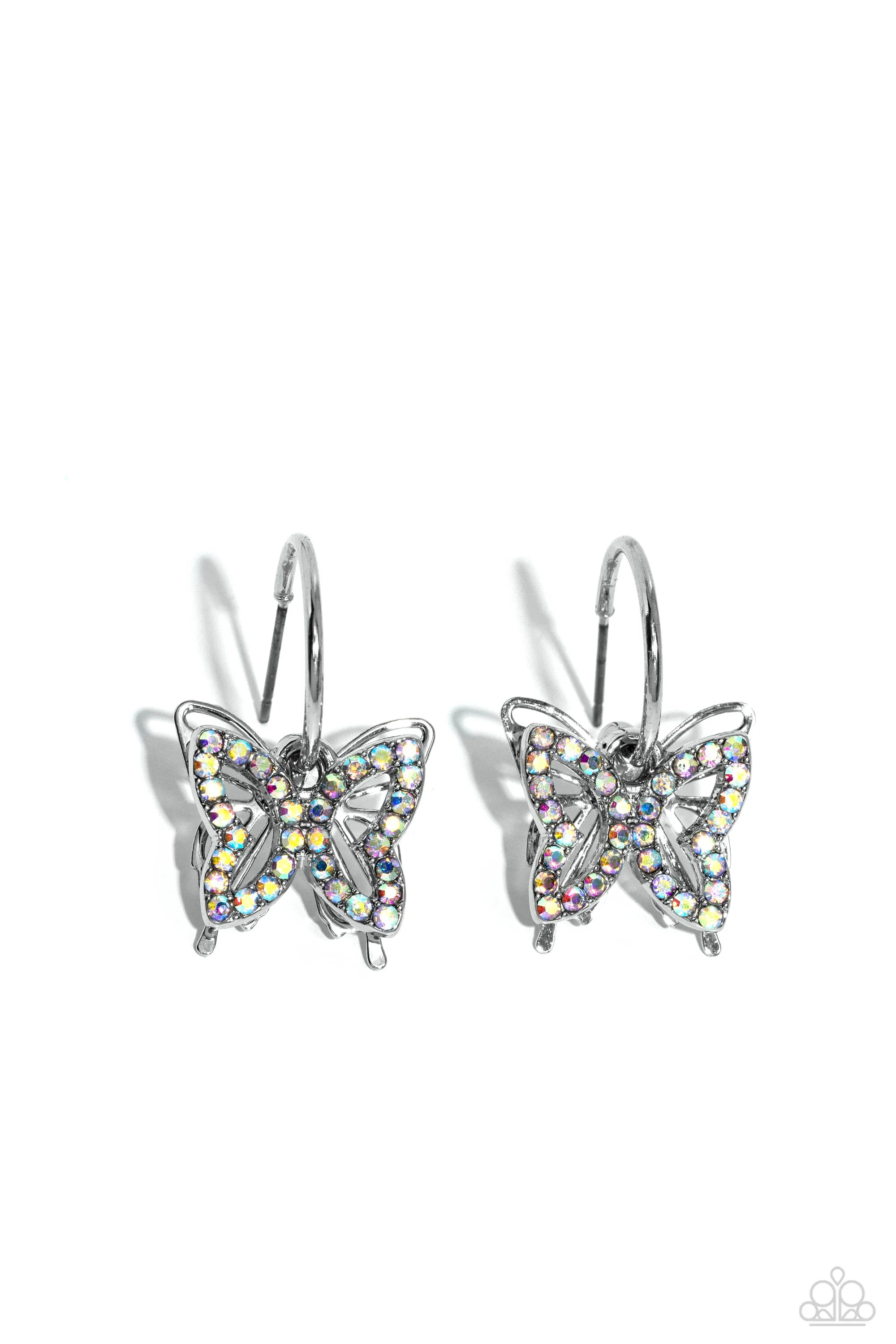 Lyrical Layers - Multi - Iridescent Rhinestone Silver Butterfly Paparazzi Drop Hoop Earrings