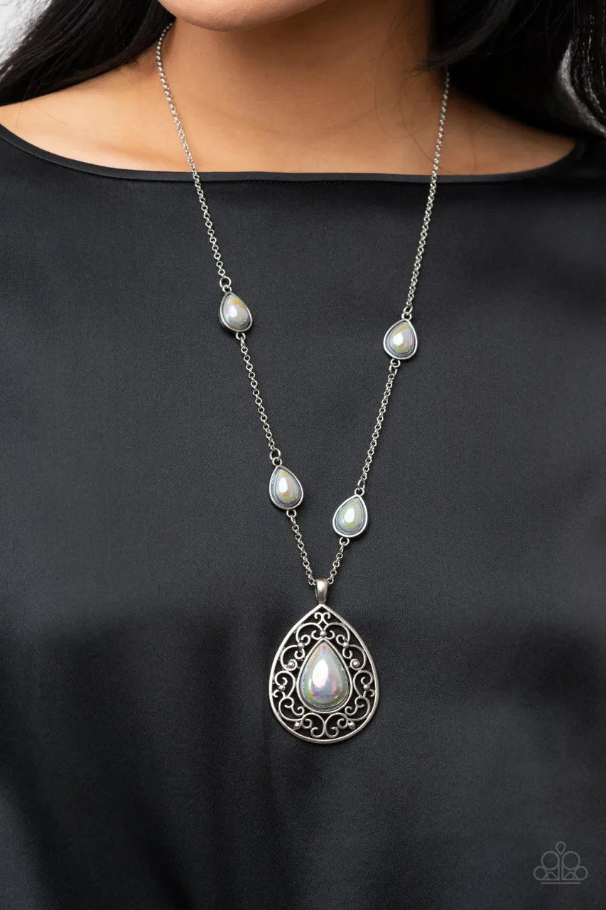 Magical Masquerade - Silver - Iridescent Pearl Teardrop Filigree Paparazzi Necklace