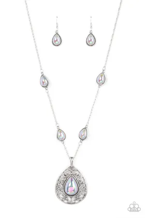 Magical Masquerade - Silver - Iridescent Pearl Teardrop Filigree Paparazzi Necklace