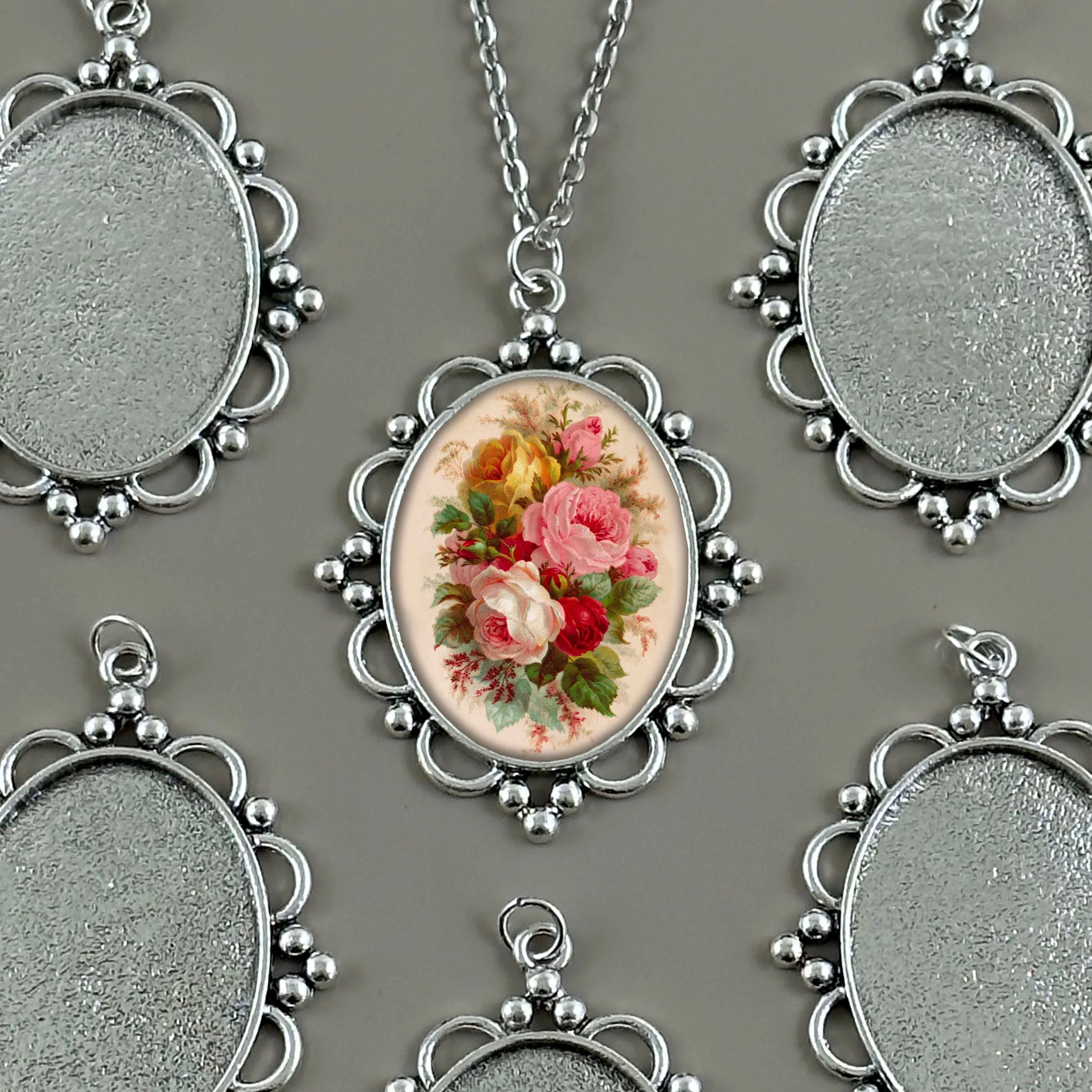 Makes 20 Beaded Flower Large Oval Photo Jewelry Necklaces Kit 40x30mm Silver