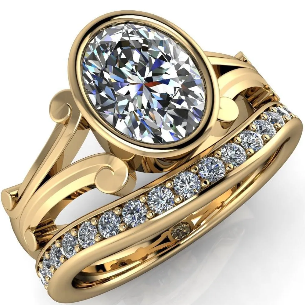 Malefica Oval Center Stone Split Shank Full Bezel Engagement Ring