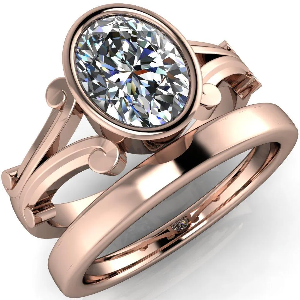 Malefica Oval Center Stone Split Shank Full Bezel Engagement Ring