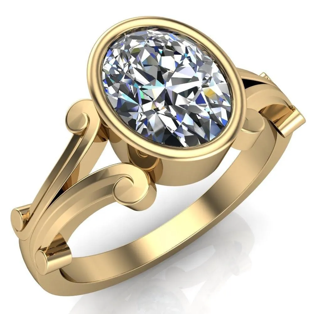Malefica Oval Center Stone Split Shank Full Bezel Engagement Ring