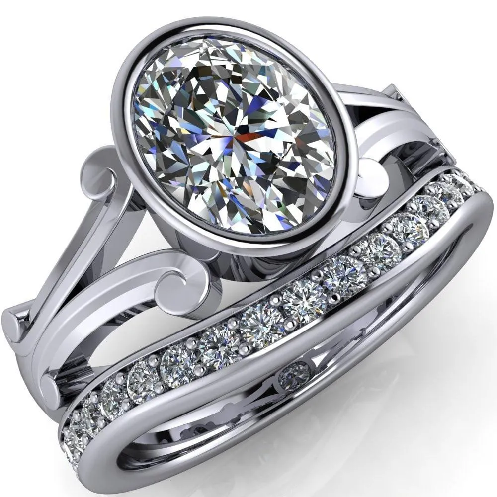 Malefica Oval Center Stone Split Shank Full Bezel Engagement Ring