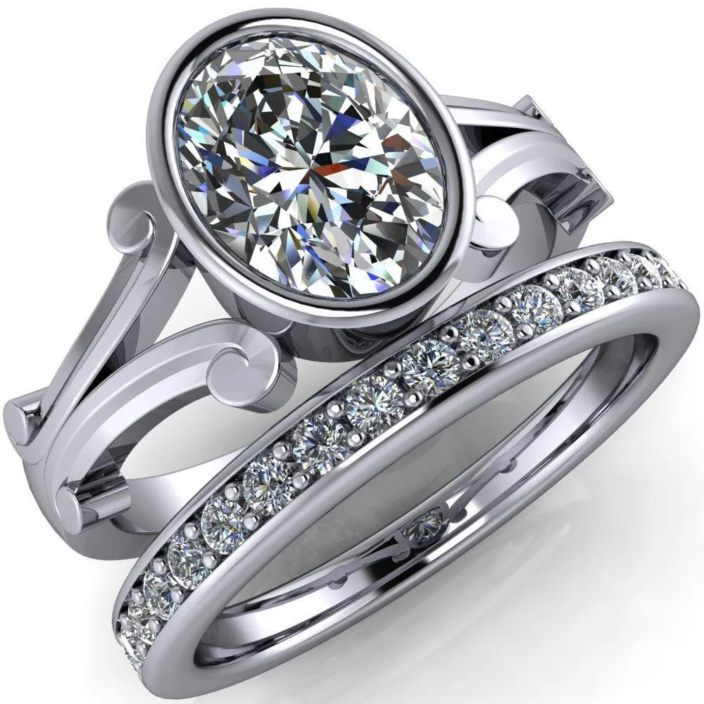 Malefica Oval Center Stone Split Shank Full Bezel Engagement Ring