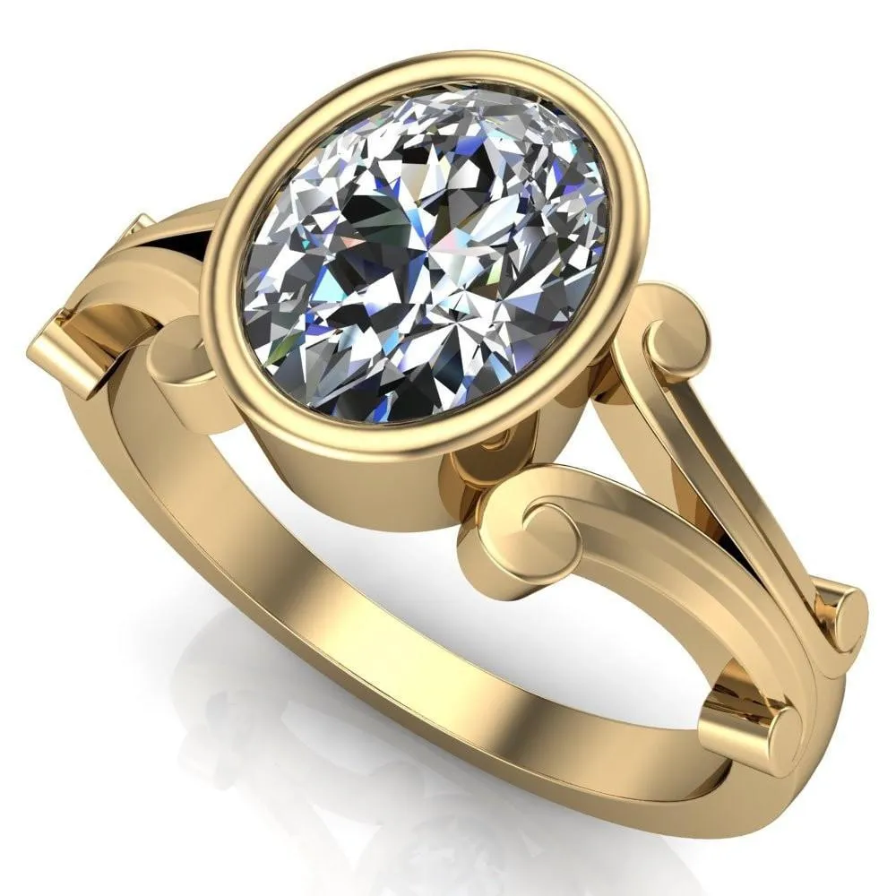 Malefica Oval Center Stone Split Shank Full Bezel Engagement Ring