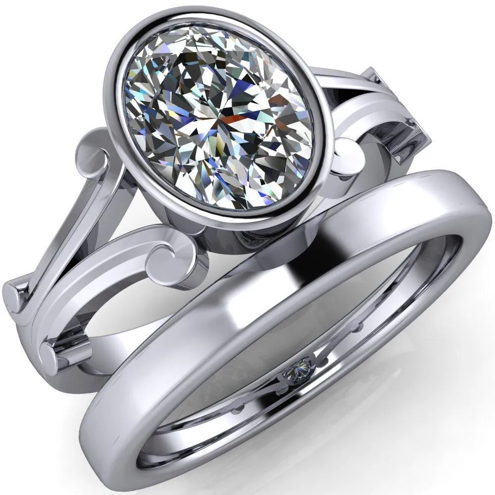 Malefica Oval Center Stone Split Shank Full Bezel Engagement Ring