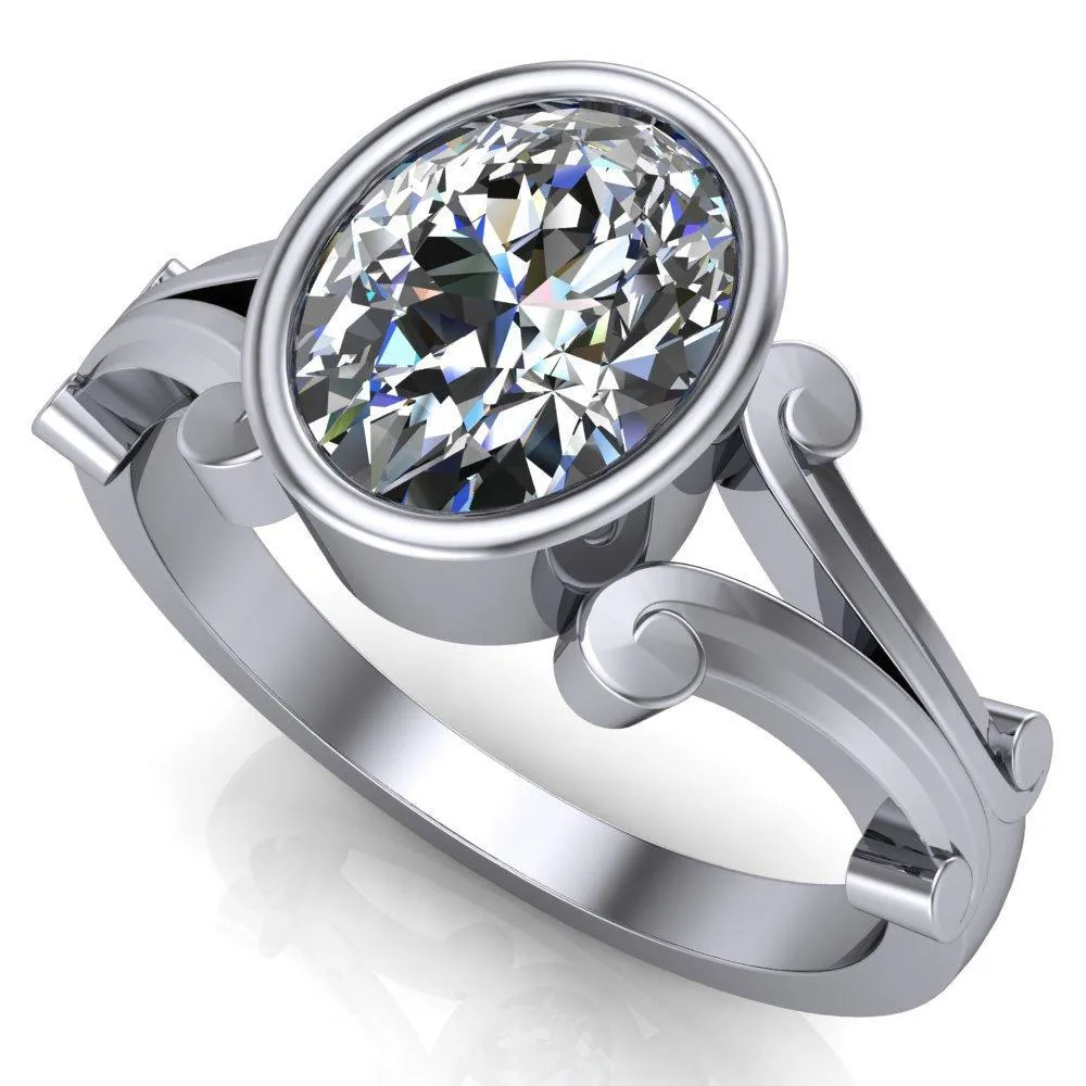 Malefica Oval Center Stone Split Shank Full Bezel Engagement Ring