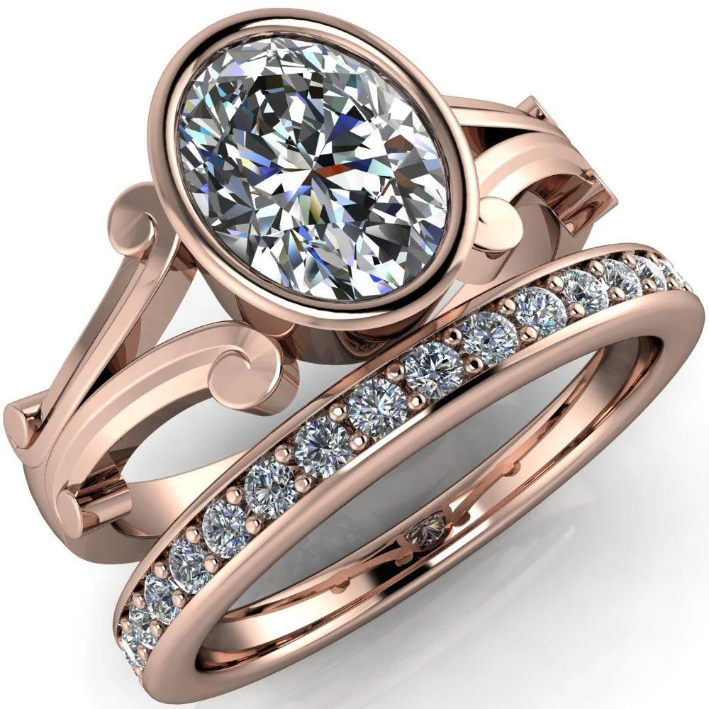 Malefica Oval Center Stone Split Shank Full Bezel Engagement Ring