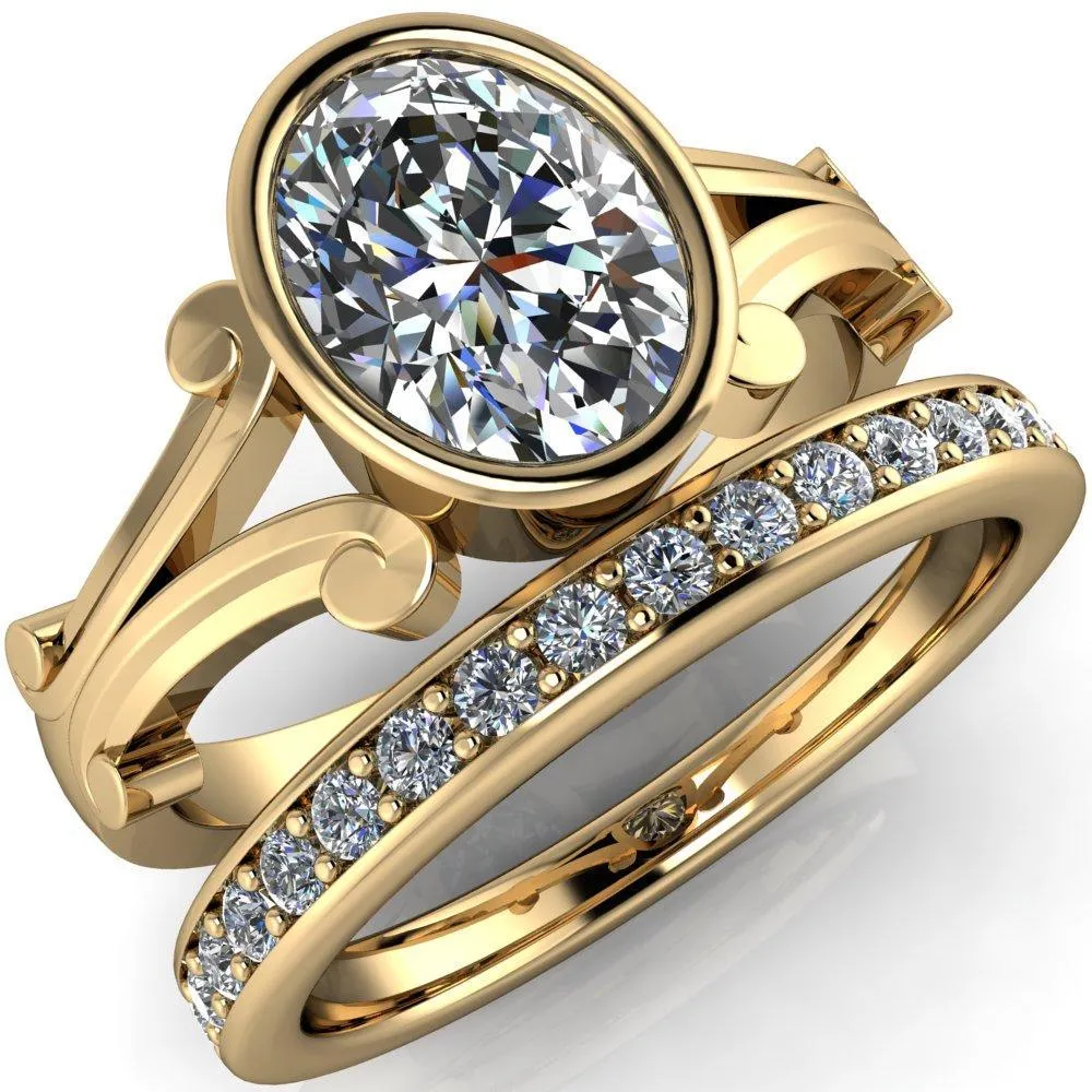 Malefica Oval Center Stone Split Shank Full Bezel Engagement Ring