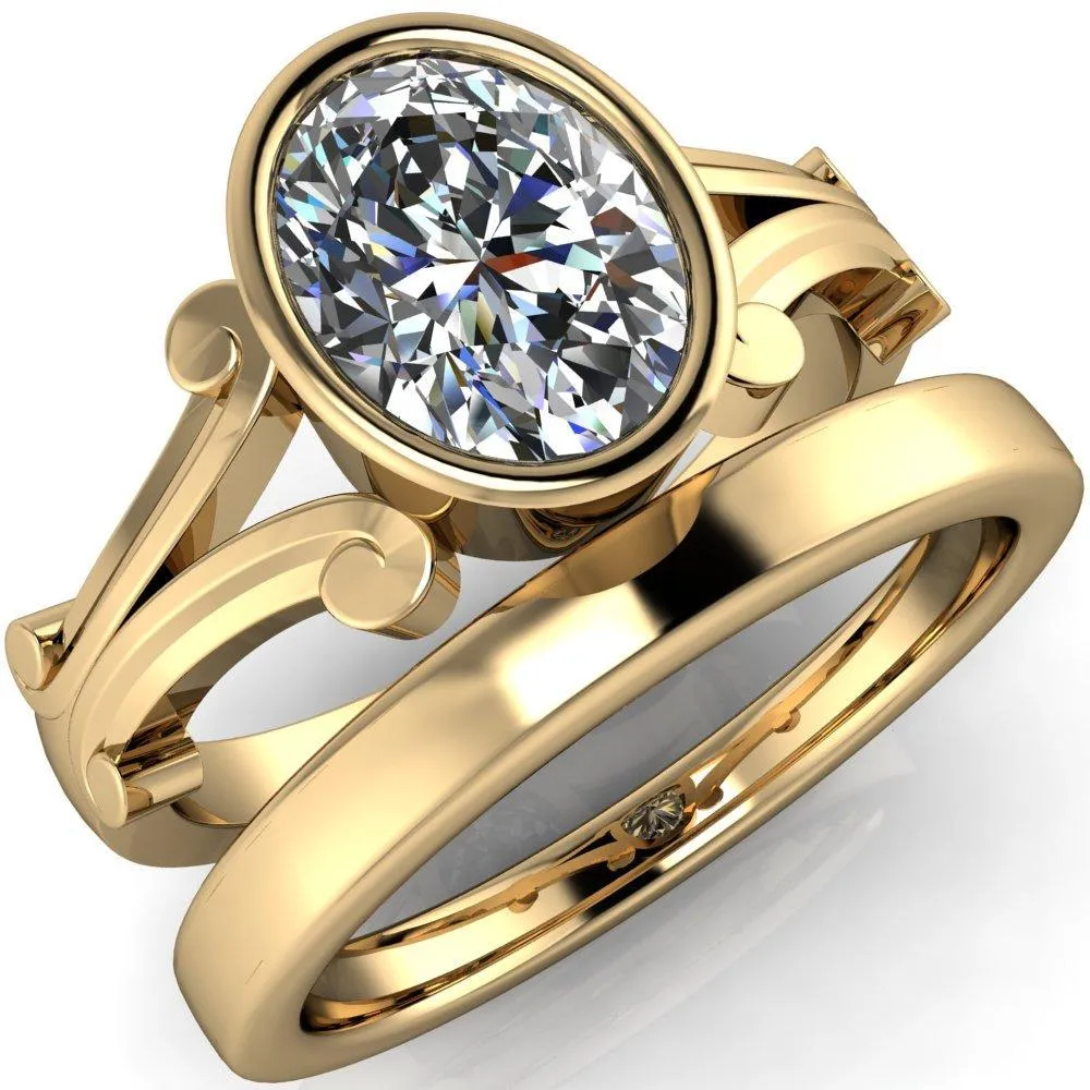 Malefica Oval Center Stone Split Shank Full Bezel Engagement Ring