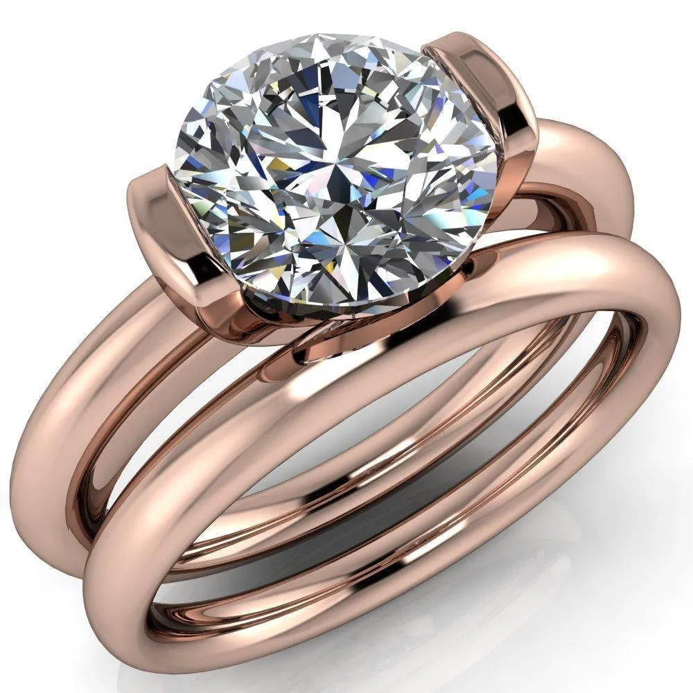 Marika Round Center Stone Shaped U Gallery with Upper and Lower Rail Set Solitaire Ring
