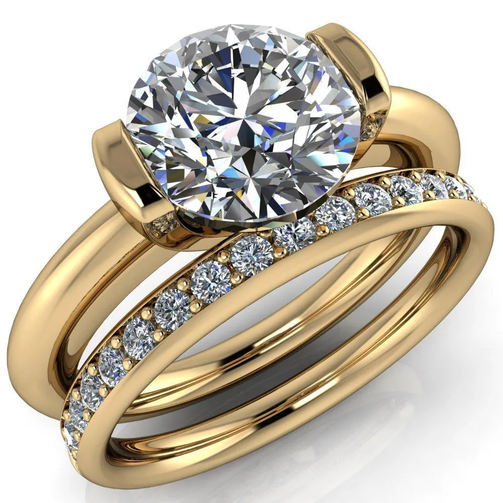 Marika Round Center Stone Shaped U Gallery with Upper and Lower Rail Set Solitaire Ring