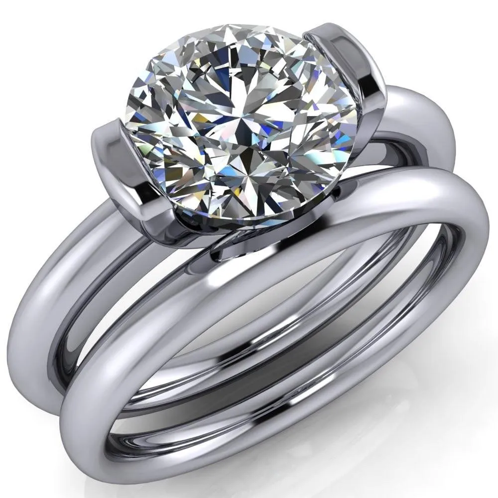 Marika Round Center Stone Shaped U Gallery with Upper and Lower Rail Set Solitaire Ring