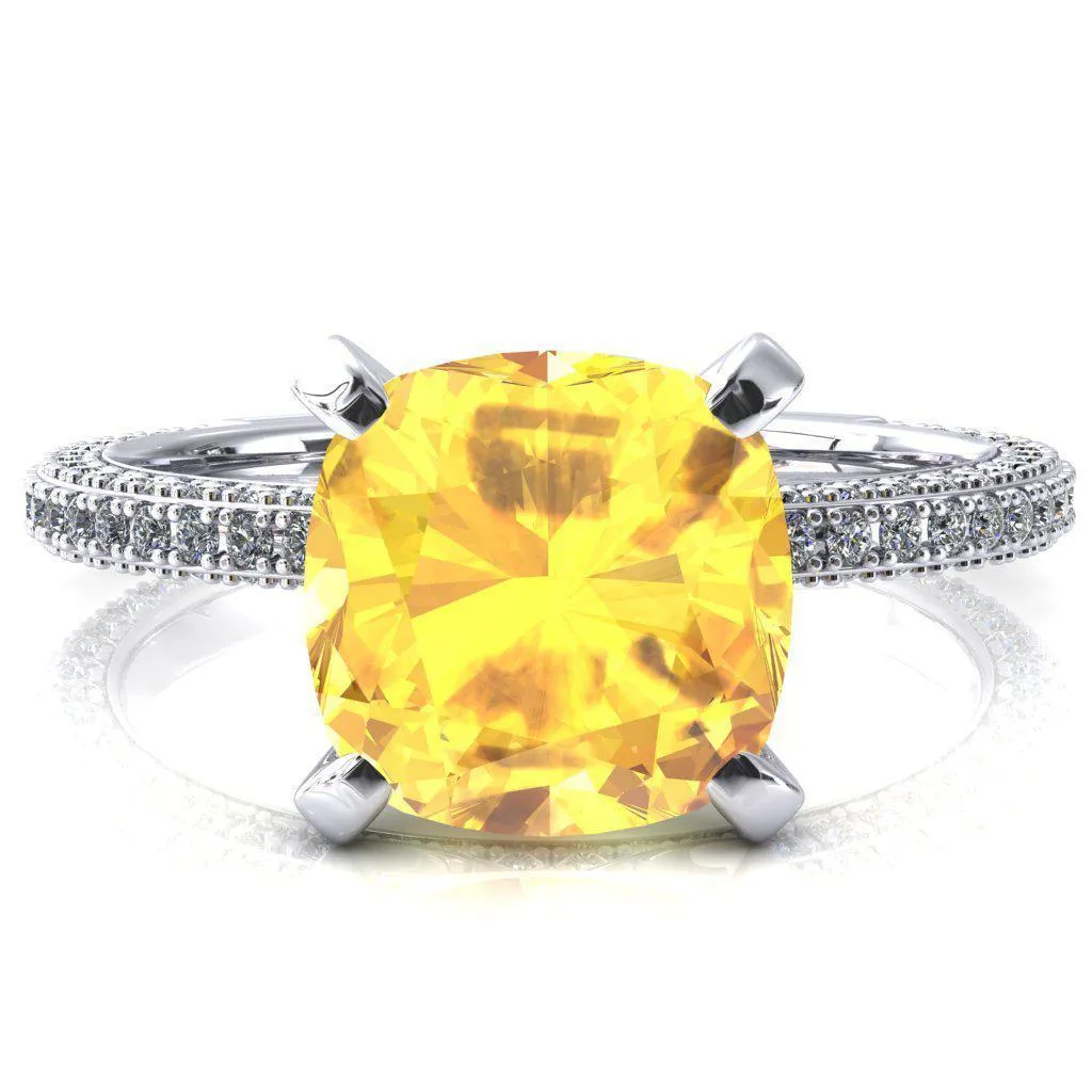 Mariyah Cushion Yellow Sapphire 4 Prong 3/4 Eternity 3 Sided Diamond Shank Engagement Ring