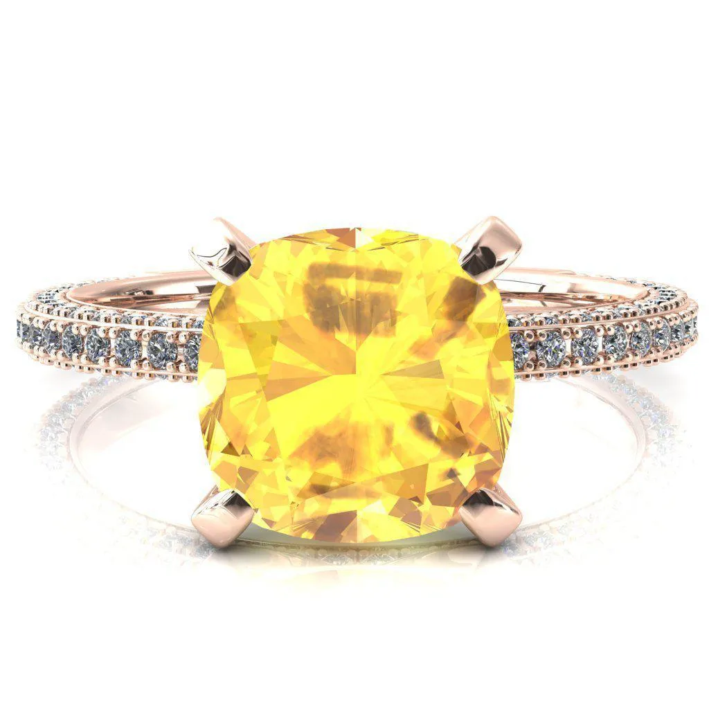 Mariyah Cushion Yellow Sapphire 4 Prong 3/4 Eternity 3 Sided Diamond Shank Engagement Ring