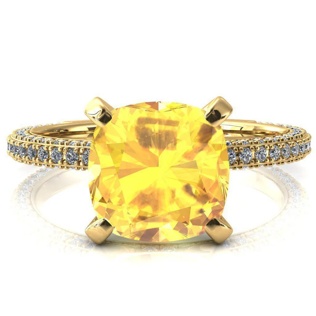 Mariyah Cushion Yellow Sapphire 4 Prong 3/4 Eternity 3 Sided Diamond Shank Engagement Ring