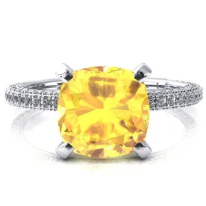 Mariyah Cushion Yellow Sapphire 4 Prong 3/4 Eternity 3 Sided Diamond Shank Engagement Ring