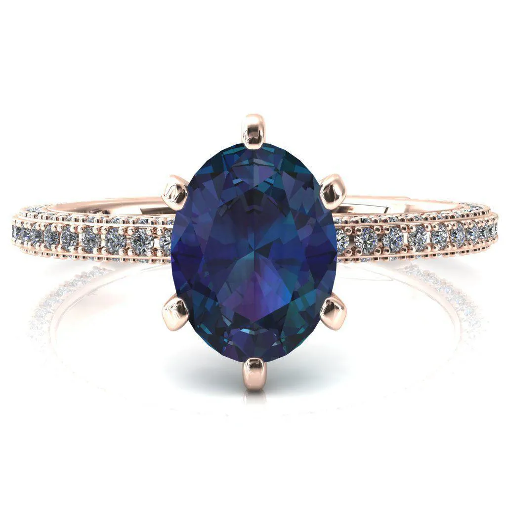 Mariyah Oval Alexandrite 6 Prong 3/4 Eternity 3 Sided Diamond Shank Engagement Ring