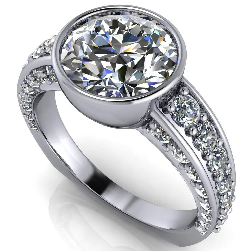 Maya Round Center Stone Juliette Bezel Set 6 Sides Diamond Prong Set Design Engagement Ring
