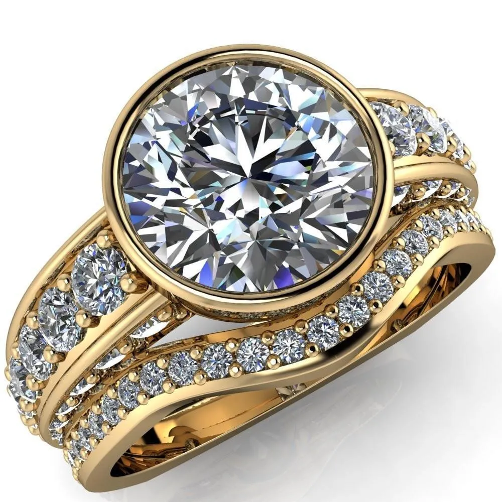 Maya Round Center Stone Juliette Bezel Set 6 Sides Diamond Prong Set Design Engagement Ring