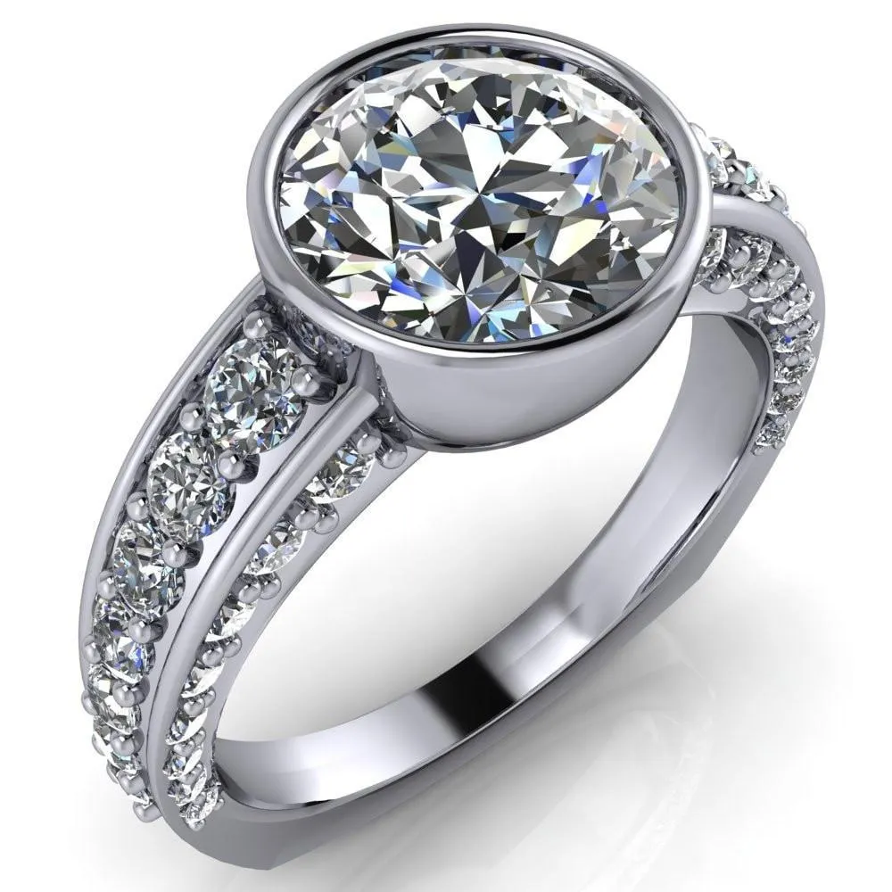 Maya Round Center Stone Juliette Bezel Set 6 Sides Diamond Prong Set Design Engagement Ring