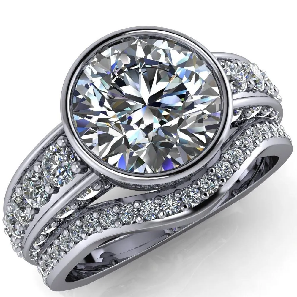 Maya Round Center Stone Juliette Bezel Set 6 Sides Diamond Prong Set Design Engagement Ring