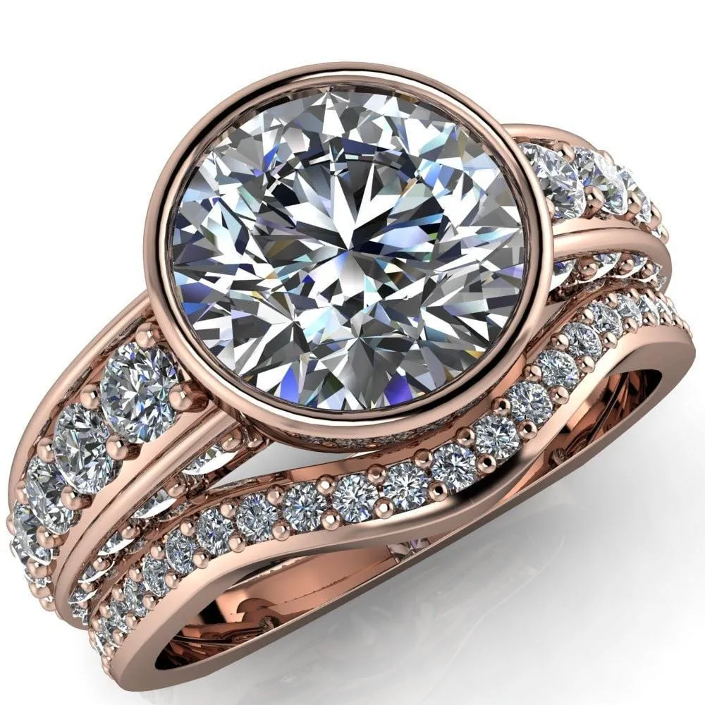 Maya Round Center Stone Juliette Bezel Set 6 Sides Diamond Prong Set Design Engagement Ring
