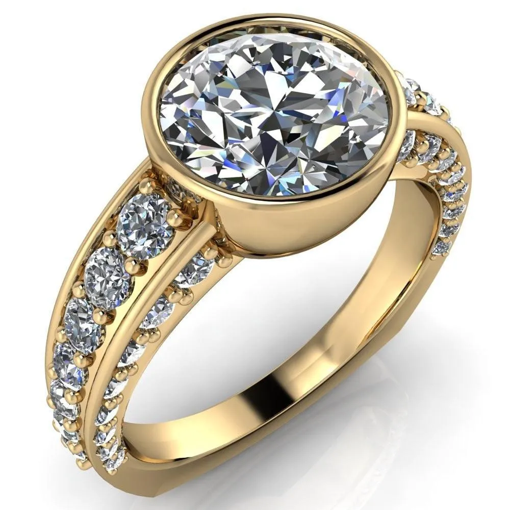 Maya Round Center Stone Juliette Bezel Set 6 Sides Diamond Prong Set Design Engagement Ring