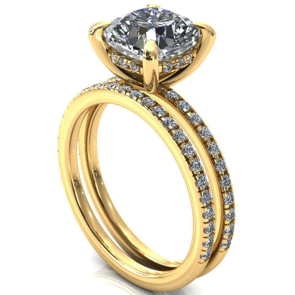 Mayeli Cushion Center Stone 4 Claw Prong Micro Pave Diamond Sides Engagement Ring