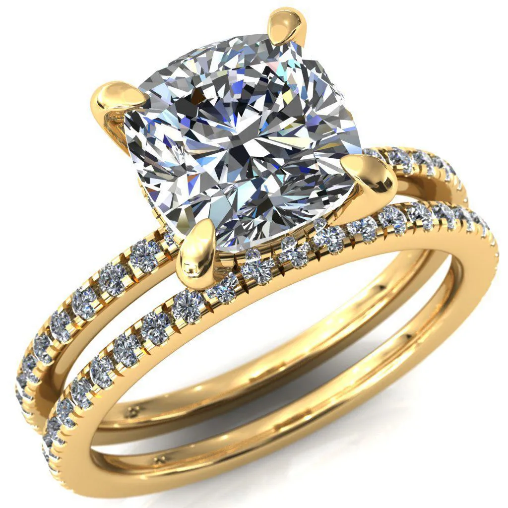 Mayeli Cushion Center Stone 4 Claw Prong Micro Pave Diamond Sides Engagement Ring