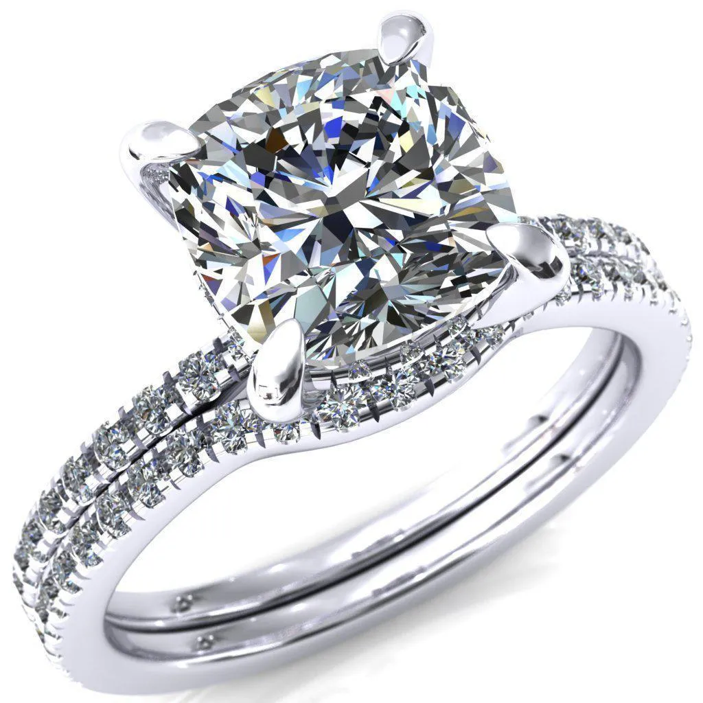Mayeli Cushion Center Stone 4 Claw Prong Micro Pave Diamond Sides Engagement Ring