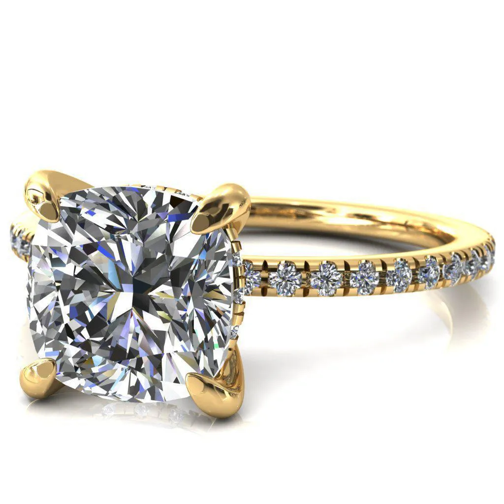 Mayeli Cushion Center Stone 4 Claw Prong Micro Pave Diamond Sides Engagement Ring