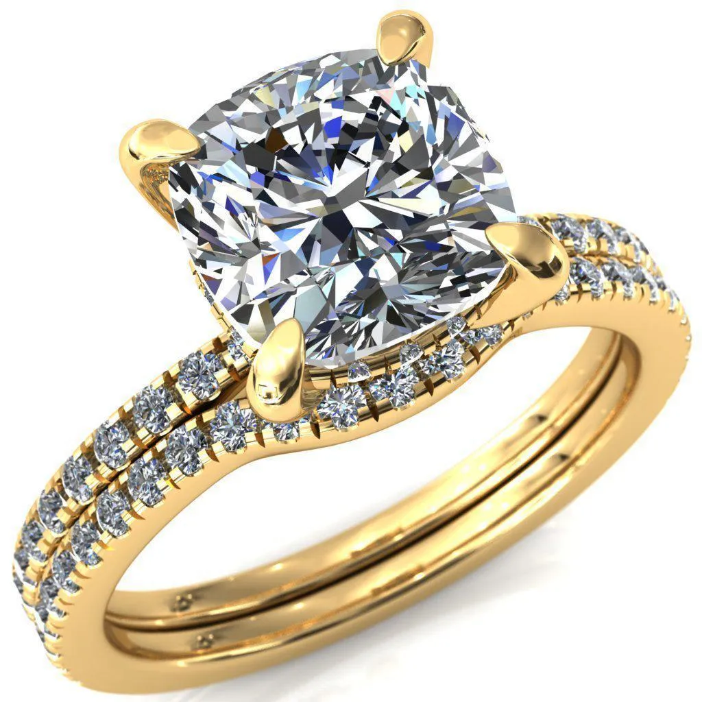 Mayeli Cushion Center Stone 4 Claw Prong Micro Pave Diamond Sides Engagement Ring