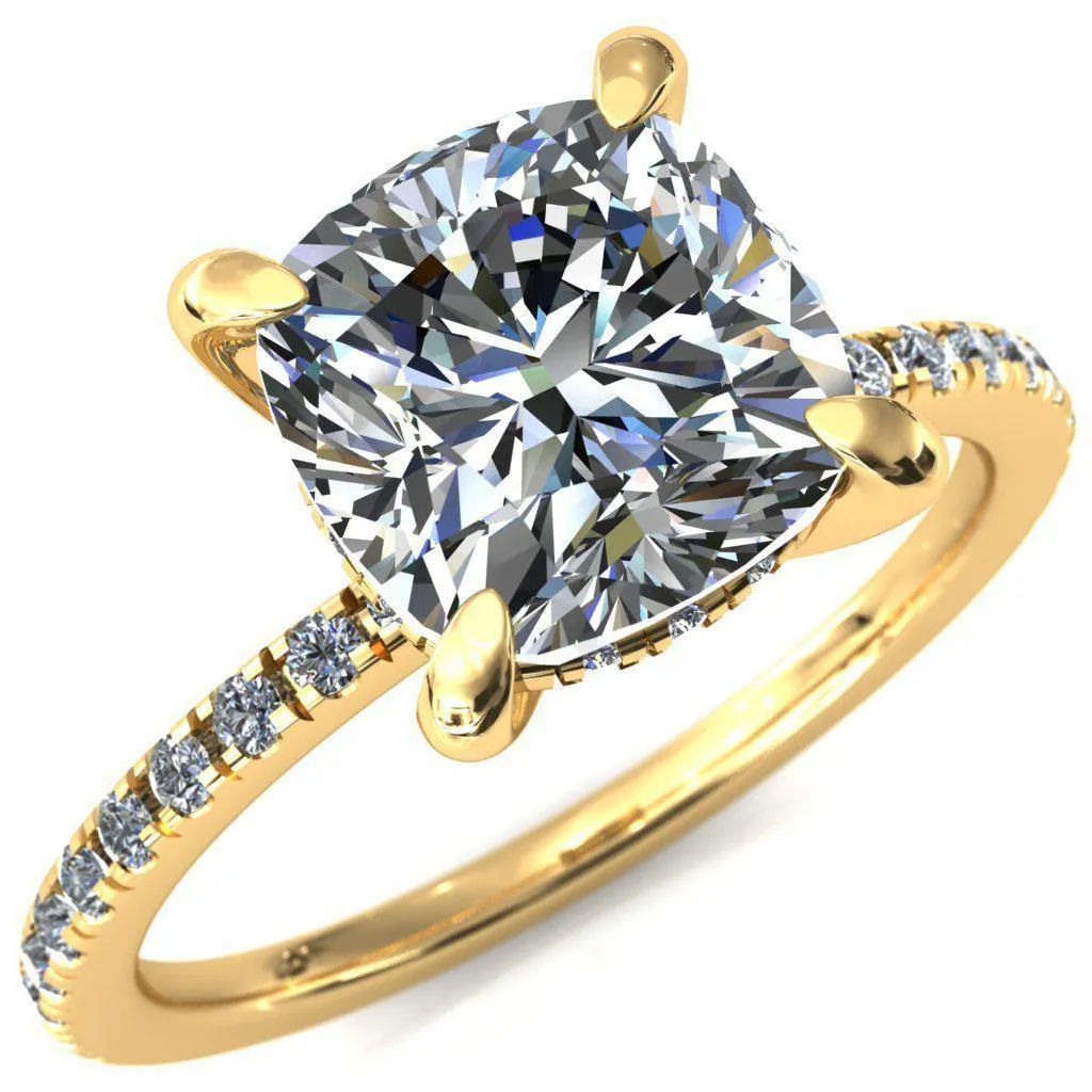 Mayeli Cushion Center Stone 4 Claw Prong Micro Pave Diamond Sides Engagement Ring