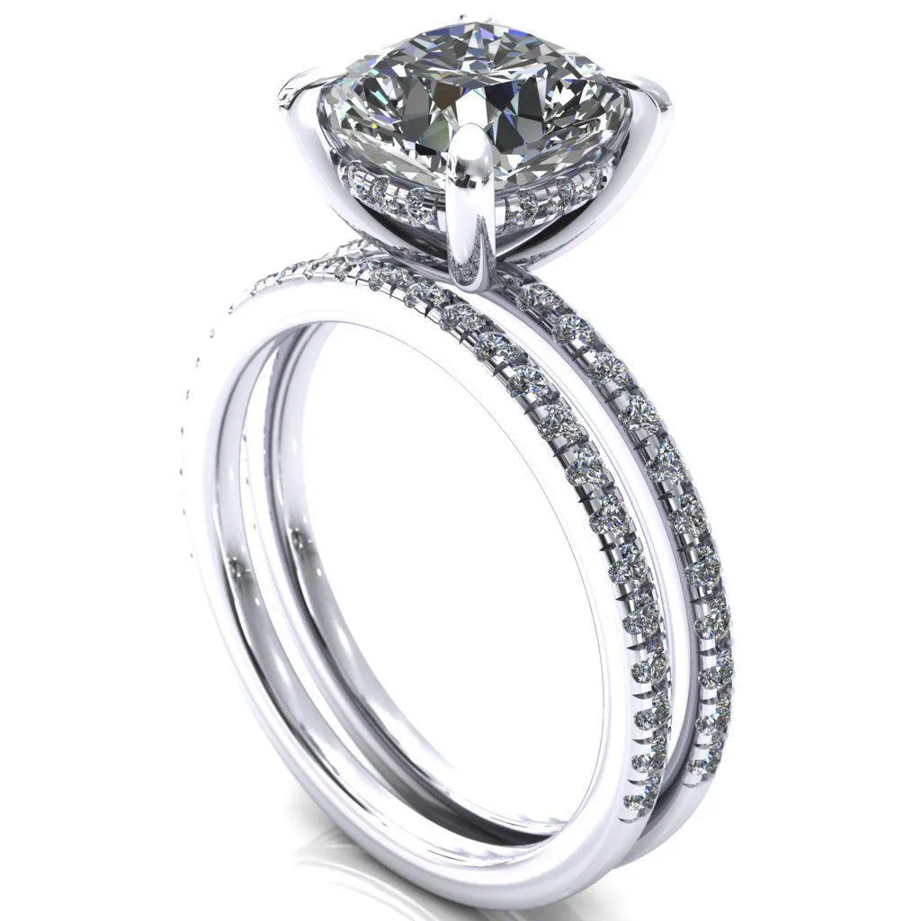 Mayeli Cushion Center Stone 4 Claw Prong Micro Pave Diamond Sides Engagement Ring