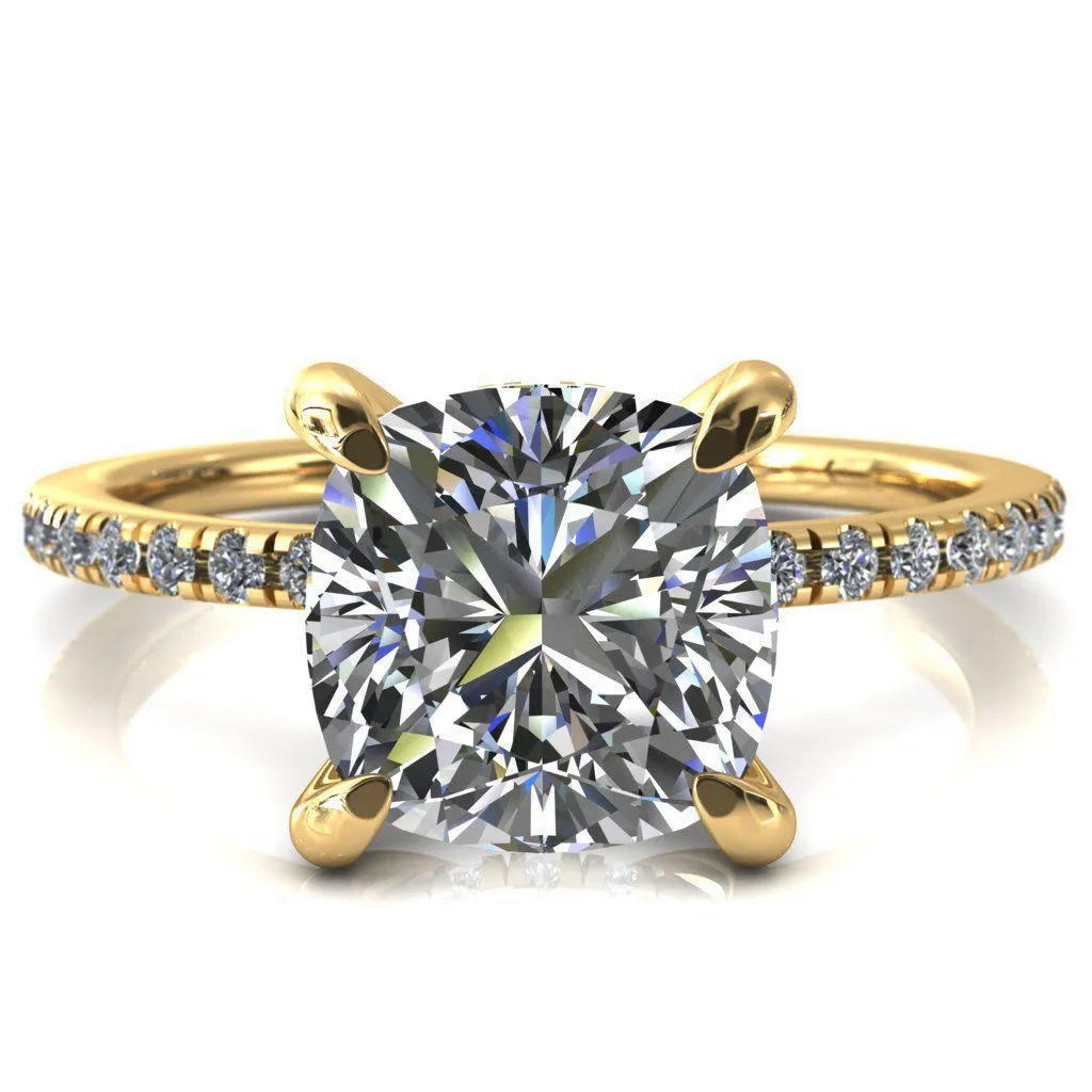 Mayeli Cushion Center Stone 4 Claw Prong Micro Pave Diamond Sides Engagement Ring