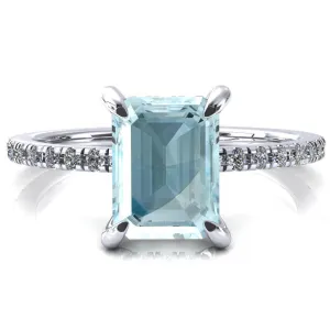Mayeli Emerald Aqua Blue Spinel 4 Claw Prong Micro Pave Diamond Sides Engagement Ring
