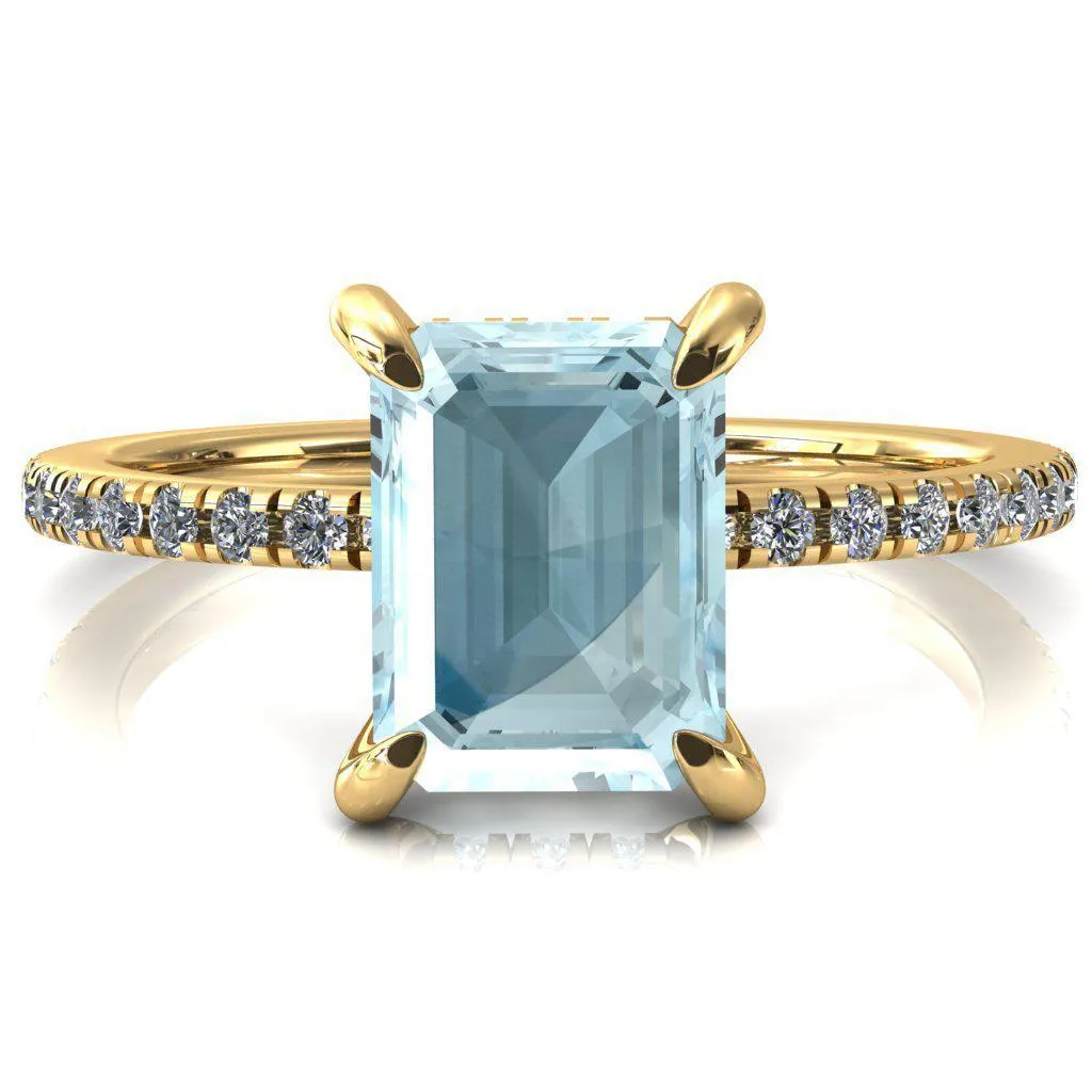 Mayeli Emerald Aqua Blue Spinel 4 Claw Prong Micro Pave Diamond Sides Engagement Ring