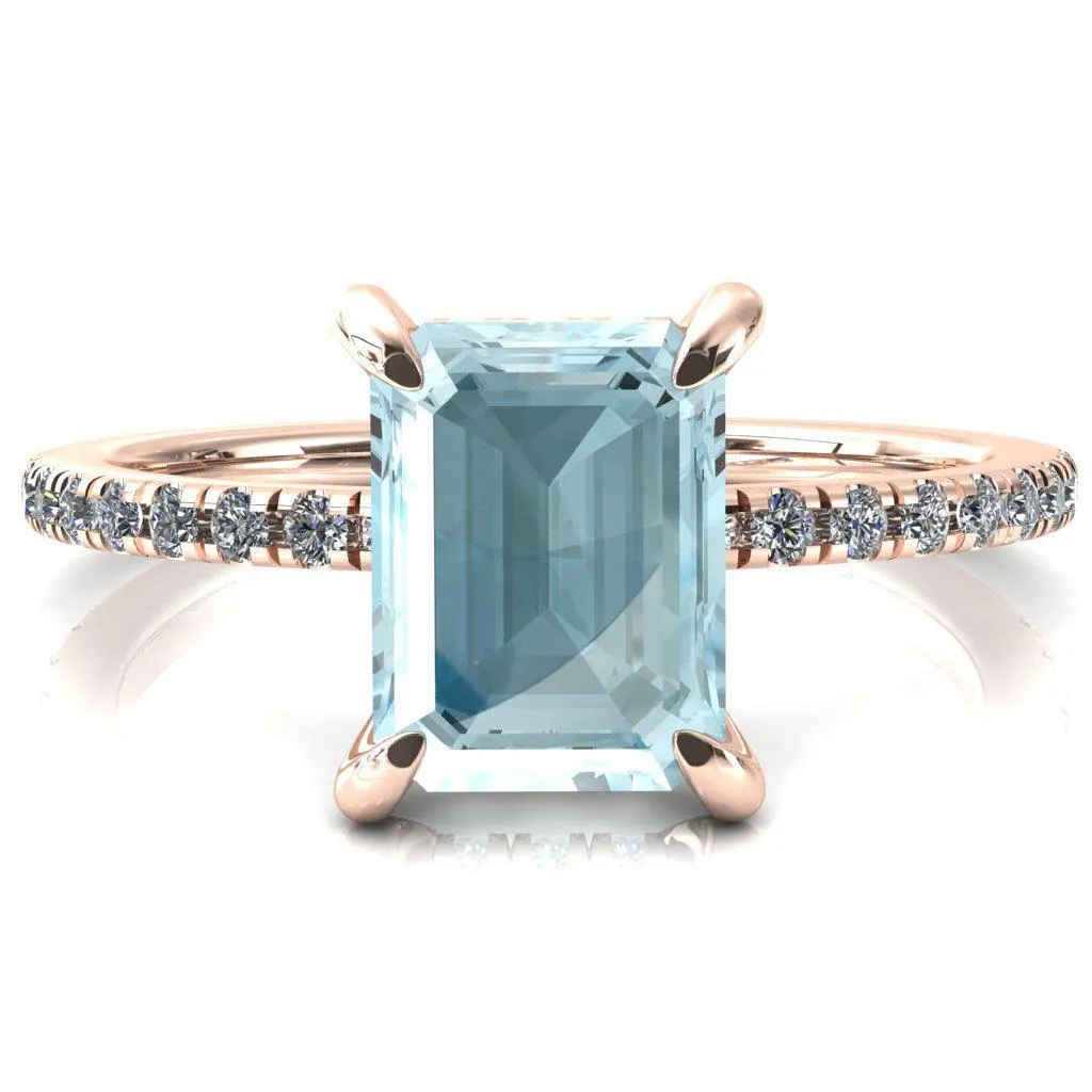 Mayeli Emerald Aqua Blue Spinel 4 Claw Prong Micro Pave Diamond Sides Engagement Ring