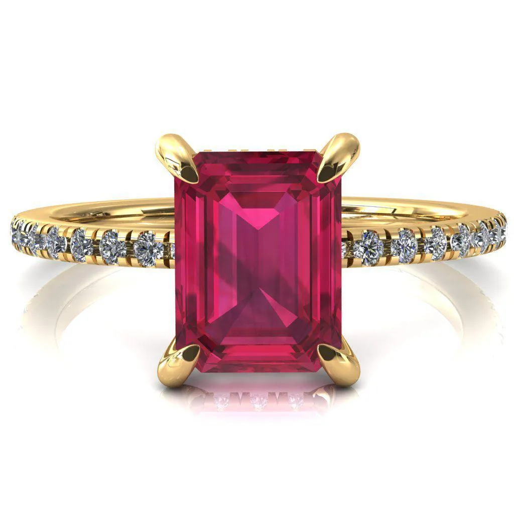 Mayeli Emerald Ruby 4 Claw Prong Micro Pave Diamond Sides Engagement Ring