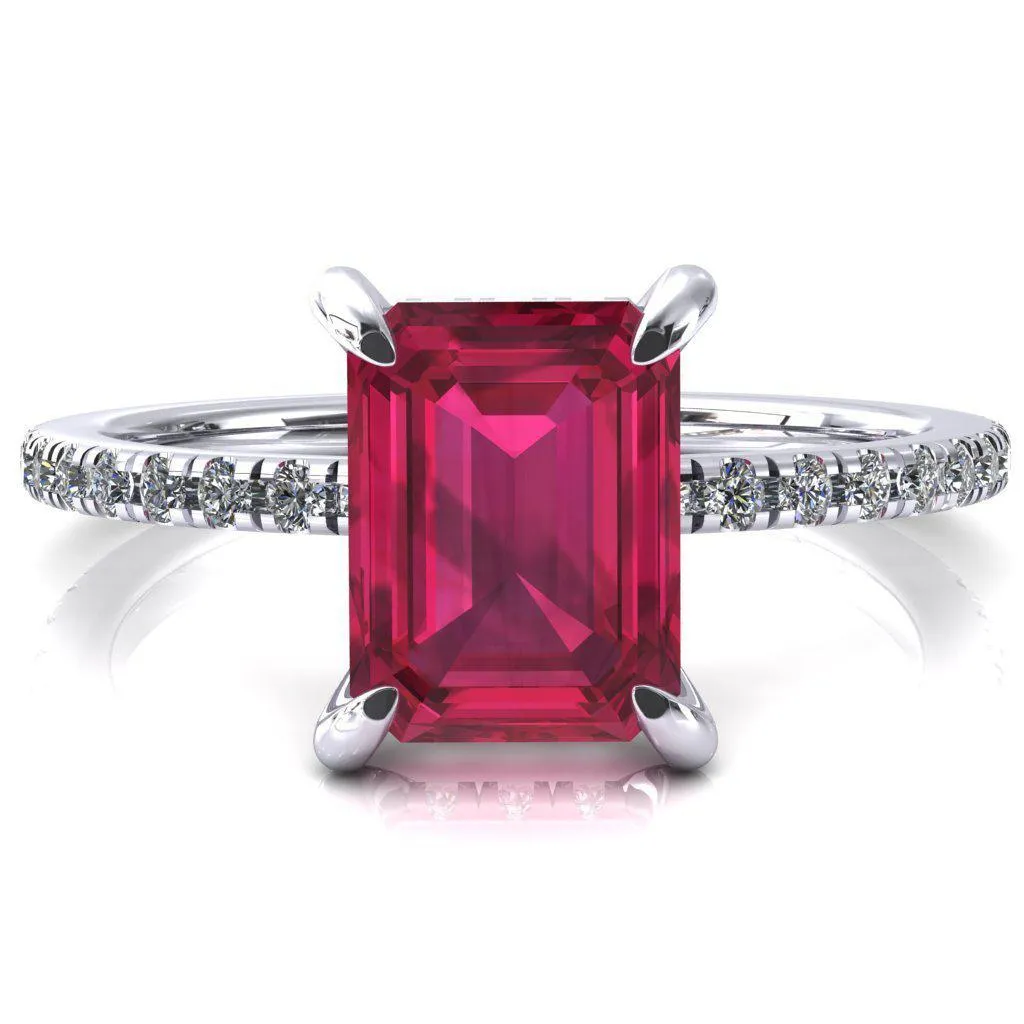 Mayeli Emerald Ruby 4 Claw Prong Micro Pave Diamond Sides Engagement Ring