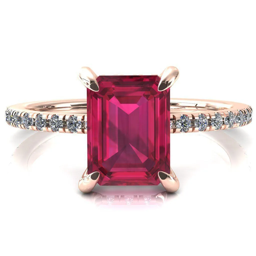 Mayeli Emerald Ruby 4 Claw Prong Micro Pave Diamond Sides Engagement Ring