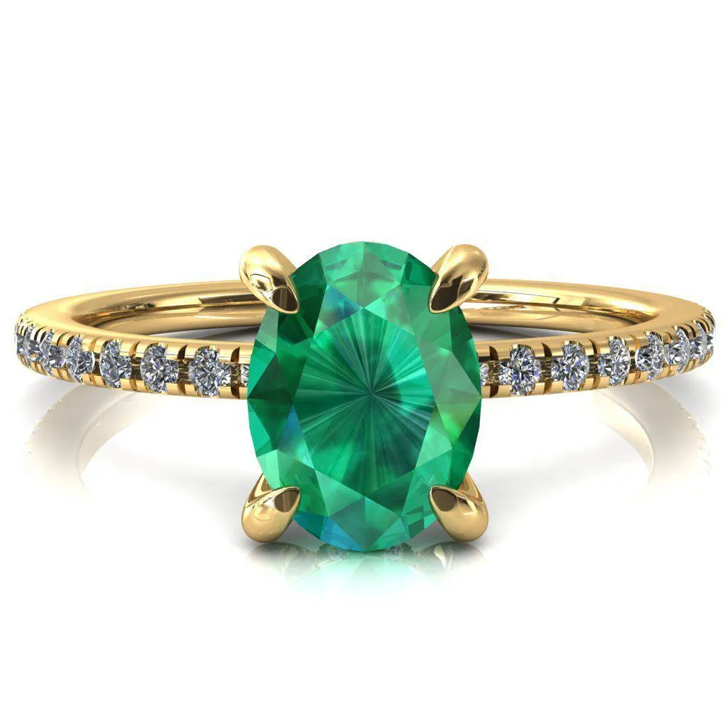 Mayeli Oval Emerald 4 Claw Prong Micro Pave Diamond Sides Engagement Ring