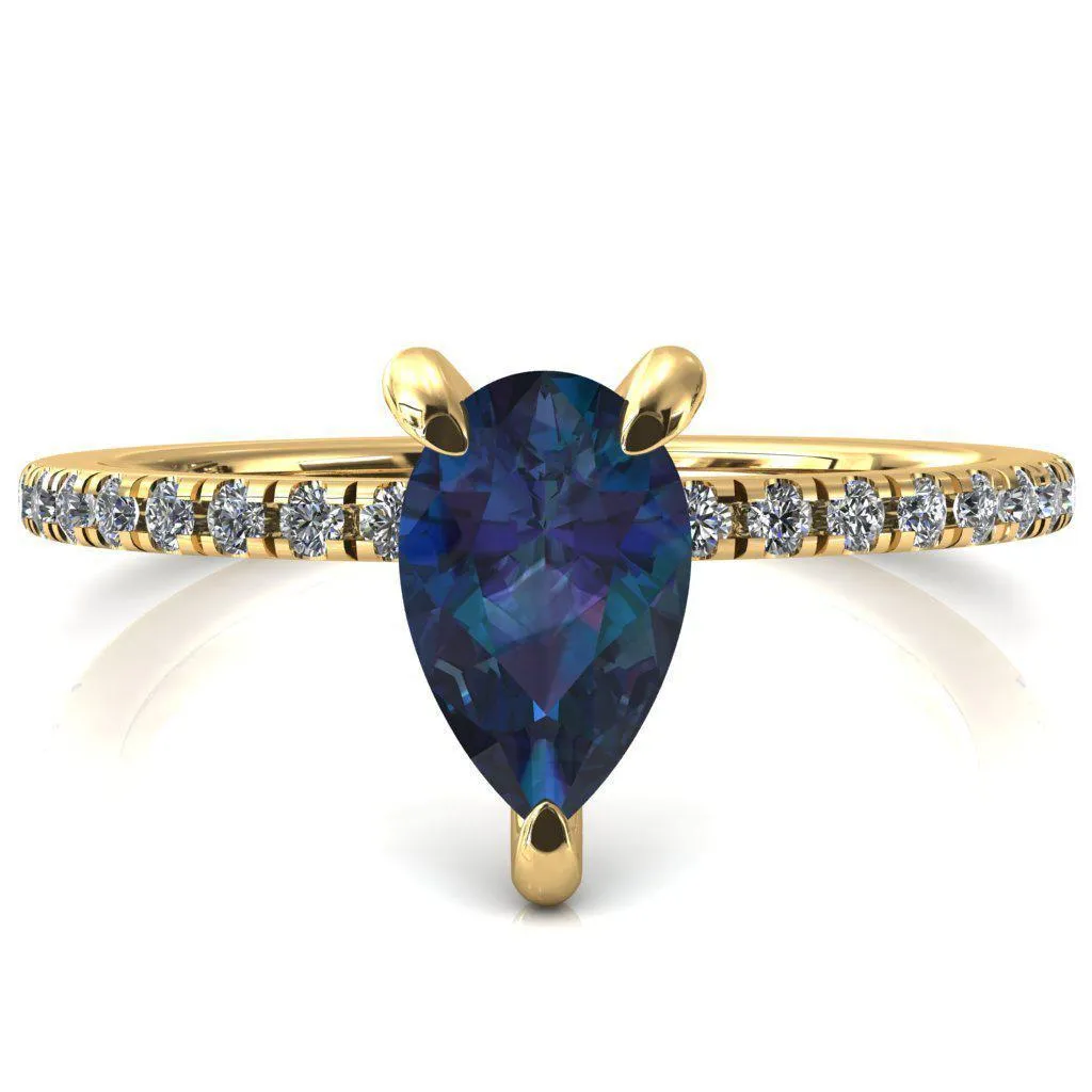 Mayeli Pear Alexandrite 3 Claw Prong Micro Pave Diamond Sides Engagement Ring