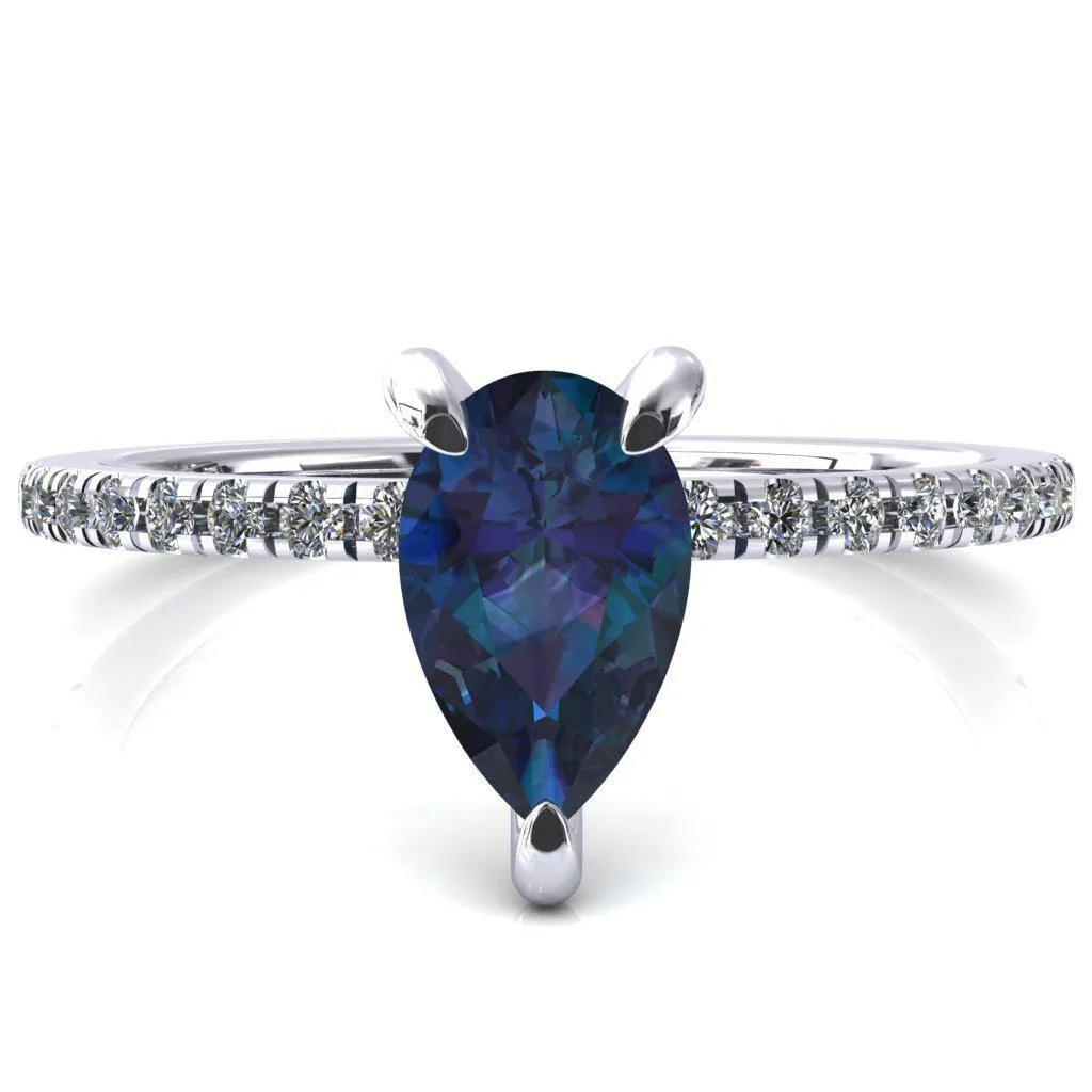Mayeli Pear Alexandrite 3 Claw Prong Micro Pave Diamond Sides Engagement Ring
