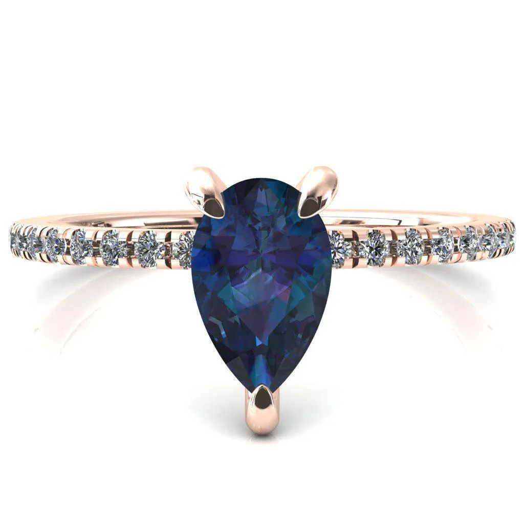 Mayeli Pear Alexandrite 3 Claw Prong Micro Pave Diamond Sides Engagement Ring
