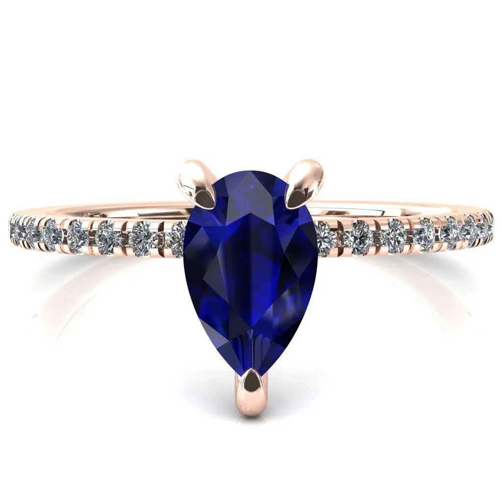 Mayeli Pear Blue Sapphire 3 Claw Prong Micro Pave Diamond Sides Engagement Ring