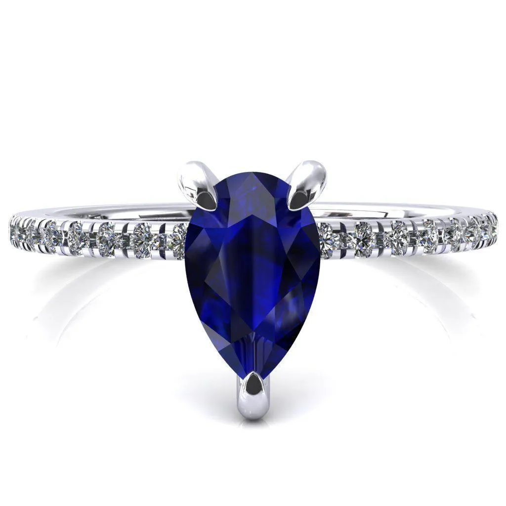 Mayeli Pear Blue Sapphire 3 Claw Prong Micro Pave Diamond Sides Engagement Ring